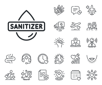 Sanitary cleaning sign. Online doctor, patient and medicine outline icons. Hand sanitizer line icon. Washing hands symbol. Hand sanitizer line sign. Veins, nerves and cosmetic procedure icon. Vector