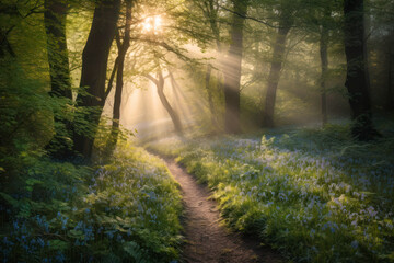 Beautiful Spring woodland forest with path leading through Bluebells and golden rays of light bursting through tree canopies. Generative AI. - 599374715