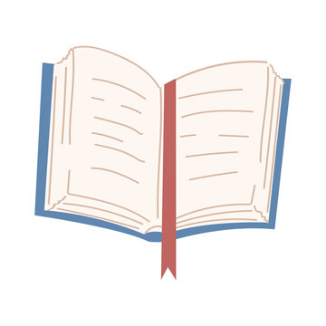 An illustration of an opened blue book with pink bookmark.