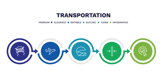 set of transportation thin line icons. transportation outline icons with infographic template. linear icons such as slippy road, planes, motorsport, slim, repair vector.