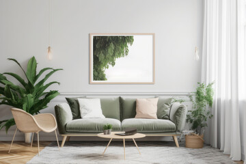 Cozy Living Room with Blank Horizontal Poster Frame and Natural Touches