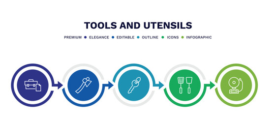 set of tools and utensils thin line icons. tools and utensils outline icons with infographic template. linear icons such as briefcase and document, hand axe, tiny key, kitchen tools, electric bell