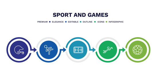 set of sport and games thin line icons. sport and games outline icons with infographic template. linear icons such as baseball helmet, karate fighter, basketball court, waiter falling, football ball