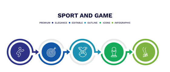 set of sport and game thin line icons. sport and game outline icons with infographic template. linear icons such as squat, dartboard with dart, chest guard, brazilian, sprained ankle vector.
