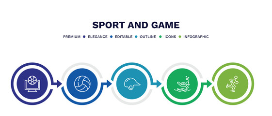 set of sport and game thin line icons. sport and game outline icons with infographic template. linear icons such as football channel, volleyball ball, baseball helmet, scuba diving, ice skating