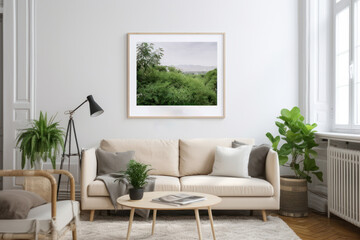 Scandinavian Living Room with Blank Horizontal Poster Frame and Botanical Accents