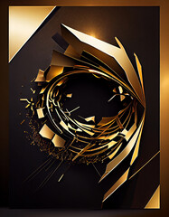 Black and gold poster design geometric element. futuristic broken ring structure material, Metallic curve geometry background, golden shimmering glitters. Abstract elegant, Generative AI, illustration