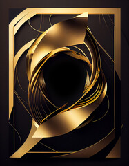 Black and gold poster design geometric element. futuristic broken ring structure material, Metallic curve geometry background, golden shimmering glitters. Abstract elegant, Generative AI, illustration