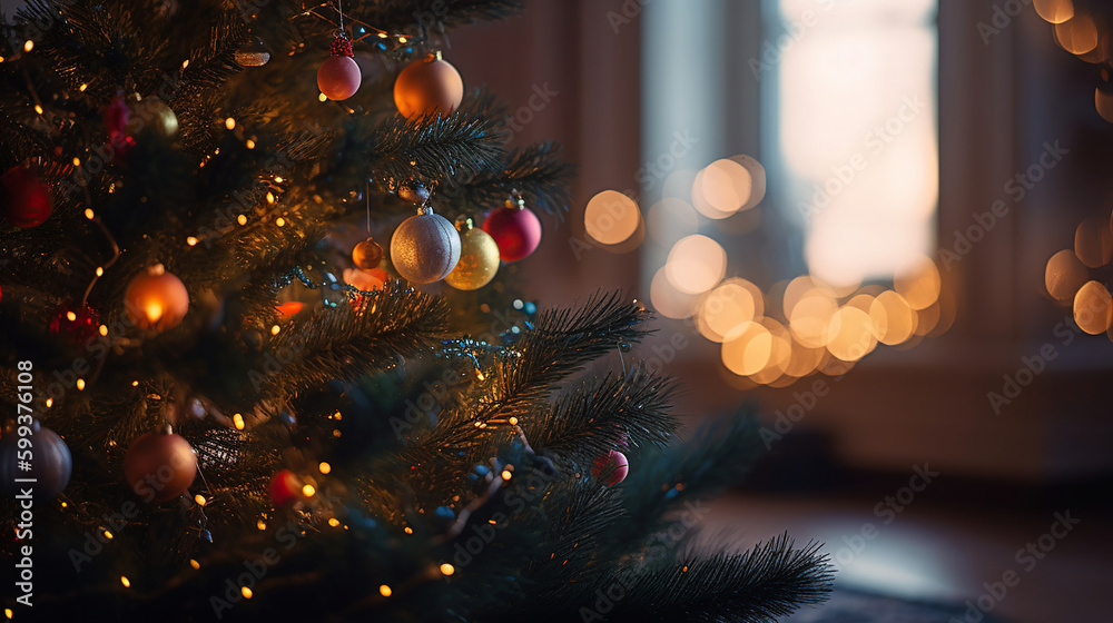 Wall mural decorated christmas tree with bokeh background. generative ai