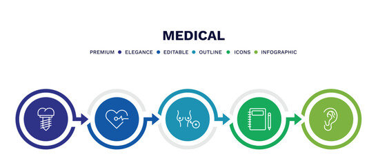 set of medical thin line icons. medical outline icons with infographic template. linear icons such as implants, cardiogram, breast implant, notepad, ear vector.