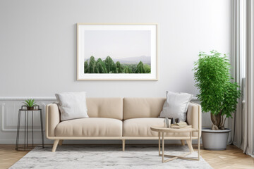 Bright Living Room with Blank Horizontal Poster Frame and Natural Elements