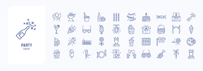 A collection sheet of outline icons for Party and New year celebration, including icons like Balloons, Barbecue, Beer box, Bunting and more