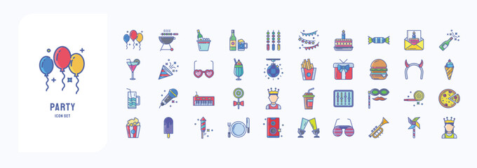 A collection sheet of linear color icons for Party and New year celebration, including icons like Balloons, Barbecue, Beer box, Bunting and more