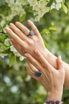 Two rings with stones, female hands on a background of a flowering tree