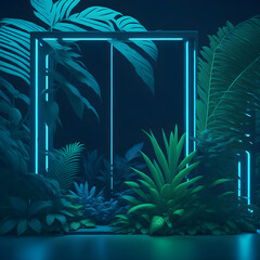 Neon Futuristic Modern Fresh Summer Night Club Mood Tropical Palm Plant Podium Stage Dance Party Lights Generative Ai Illustration