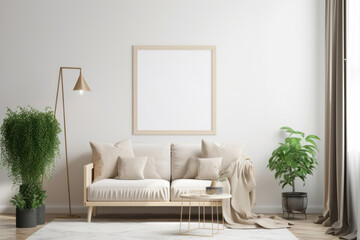 Minimalist Living Room with Blank Horizontal Poster Frame and Geometric Accents