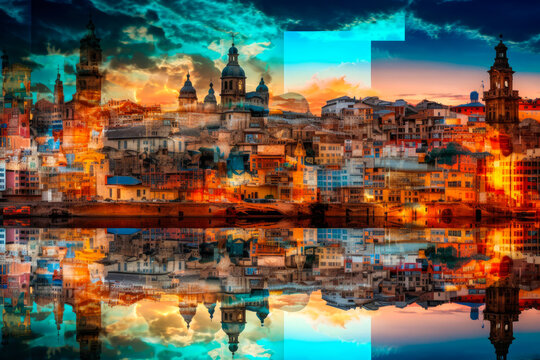Creative collage composed of landscapes, monuments and colors complementing the Spanish architecture and culture. Perfect image to promote tourism in this country. Generative AI