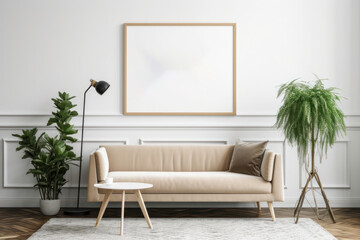 Cozy Scandinavian Living Room with Blank Horizontal Poster Frame and Warm Textures