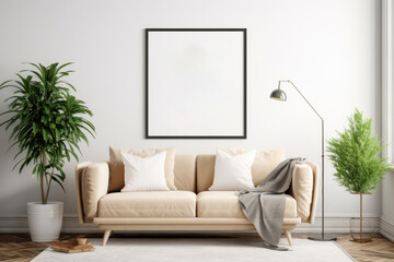 Cozy Scandinavian Living Room with Blank Horizontal Poster Frame and Warm Textures