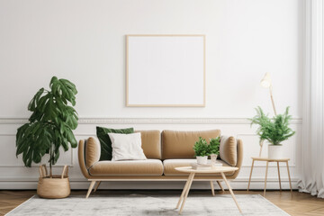 Bright and Airy Living Room with Blank Horizontal Poster Frame and Organic Decor