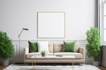 Bright and Airy Living Room with Blank Horizontal Poster Frame and Organic Decor