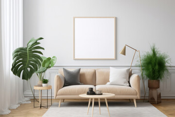 Bright and Airy Living Room with Blank Horizontal Poster Frame and Organic Decor