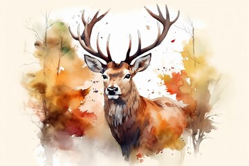 A watercolor painting of a deer with antlers created with generative AI technology