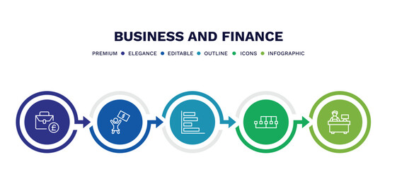 set of business and finance thin line icons. business and finance outline icons with infographic template. linear icons such as pounds bag of business, woman with dollar bill, horizontal bar chart,