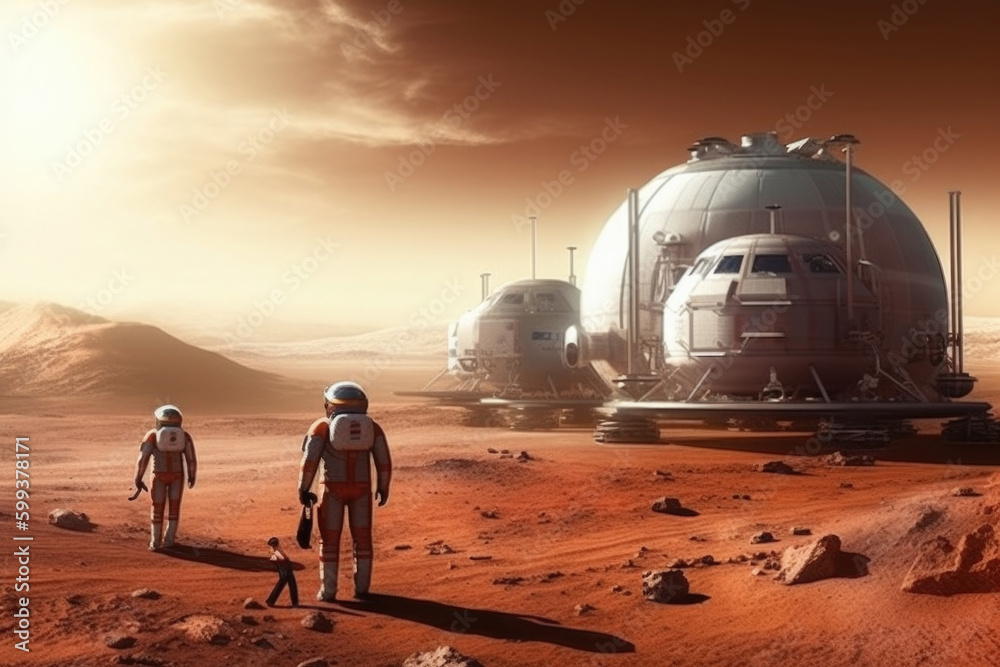 Poster astronauts wearing space suits walking on red planet, standing near base for colonization. martian c