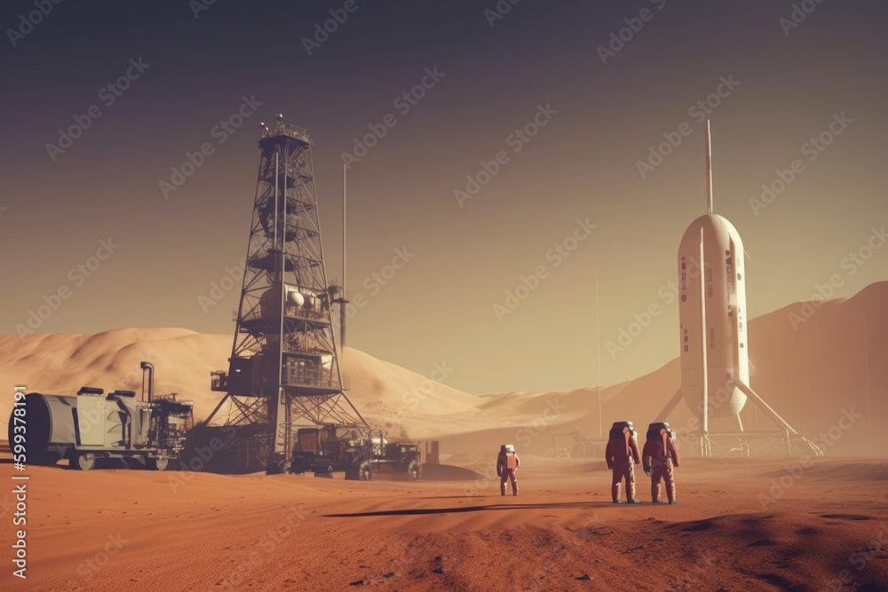 Poster astronauts wearing space suits walking on red planet, standing near base for colonization. martian c