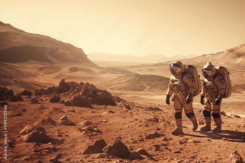 Wall mural astronauts wearing space suits walking on red planet. martian colony. mars colonization. created wit