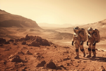 Astronauts wearing space suits walking on red planet. Martian colony. Mars colonization. Created with Generative AI