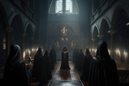 Secret society ceremony, people in hoods praying together. Members of sect perform the ritual in dark hall. Dark Religion and magical Occultism. Created with Generative AI