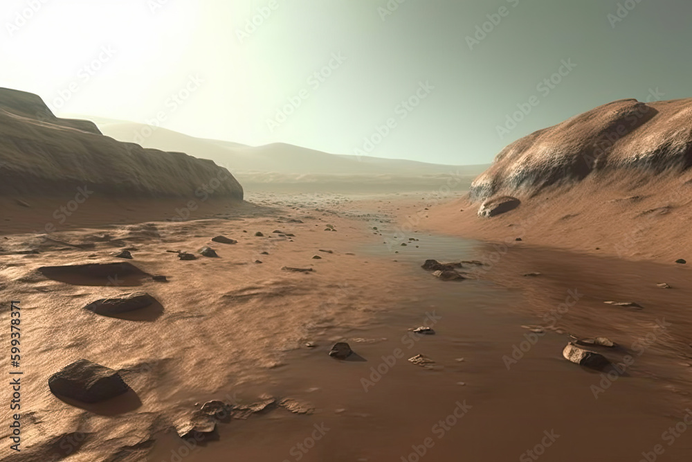Wall mural space expedition for colonization mars. water in soil of mars. martian landscape. the surface of red