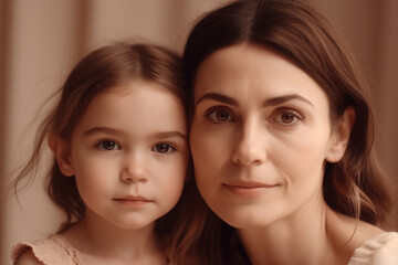 Cheerful woman and young girl looking at camera. Mother and daughter portrait on pastel background. Good relationship between mom and child in the family. Created with Generative AI