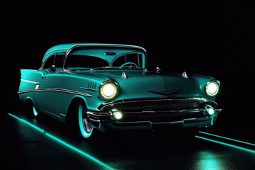 Obraz na płótnie Canvas Classic retro car at night with glowing headlamps. American vintage vehicle with colorful illumination on dark background. Created with Generative AI