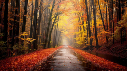 a beautiful long road in the autumn season is lined with trees bearing colorful leaves