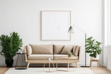 Modern Living Room with Blank Horizontal Poster Frame and Minimalistic Decor