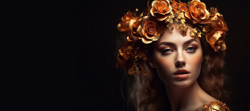Fantasy portrait woman greek goddess. golden skin body. Girl queen in wreath crown flowers gold roses, generative AI tools