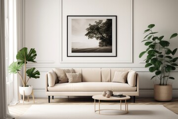 Bright Scandinavian Living Room with Blank Horizontal Poster Frame and Natural Accents