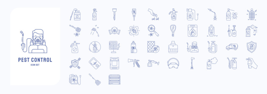A collection sheet of outline icons for Pest control, including icons like spray, powder, insect, poison and more
