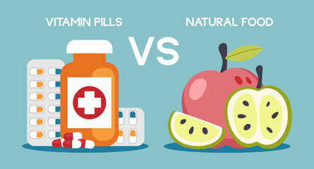 Flat design of vitamin pills vs natural food poster. Illustration for websites, landing pages, mobile applications, posters and banners. Trendy flat vector illustration