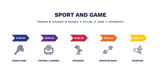 set of sport and game thin line icons. sport and game outline icons with infographic template. linear icons such as tennis game, football channel, excersice, weighted bars, excercise vector.