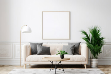 Bright Scandinavian Living Room with Blank Horizontal Poster Frame and Natural Accents