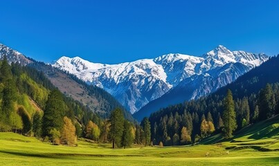  a mountain range with snow capped mountains in the distance and green grass in the foreground.  generative ai