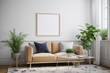 Bright Scandinavian Living Room with Blank Horizontal Poster Frame and Natural Accents