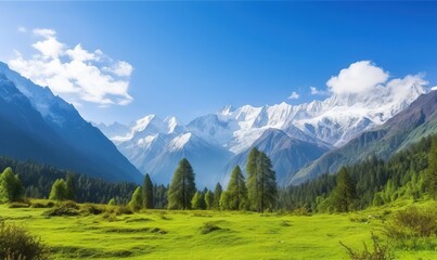 Fototapeta premium a grassy field with trees and mountains in the background with clouds in the sky. generative ai