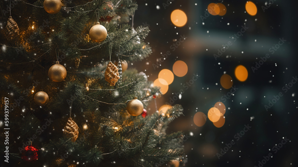 Wall mural decorated christmas tree with bokeh background. generative ai
