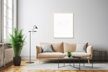 Contemporary Living Room with Blank Horizontal Poster Frame and Minimalistic Style