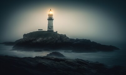Fototapeta na wymiar a lighthouse on a rocky shore with a foggy sky. generative ai
